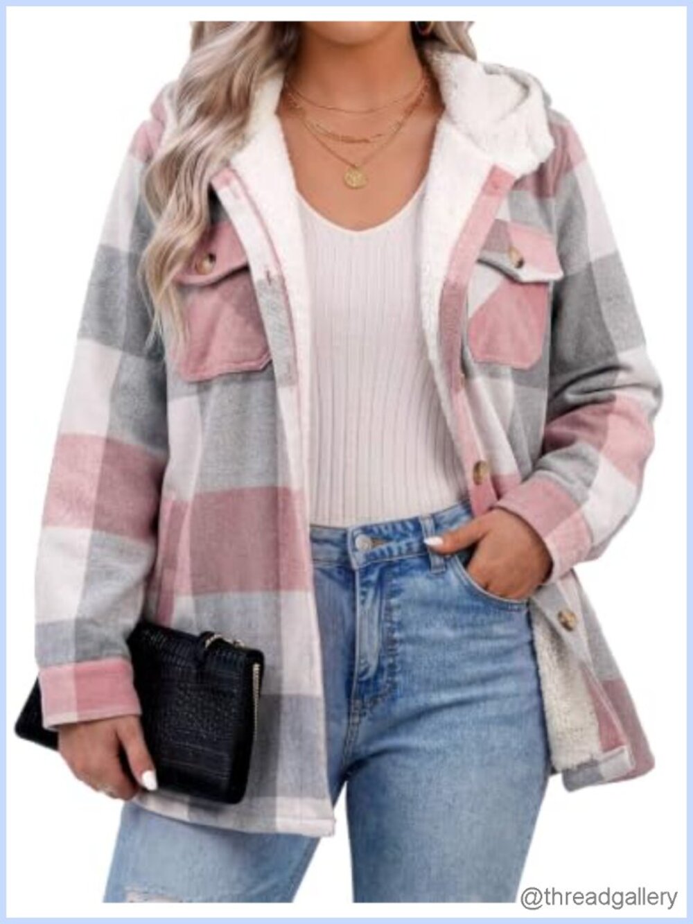 Plus Size Plaid Shacket Fleece Hooded Warm Coat Button Down